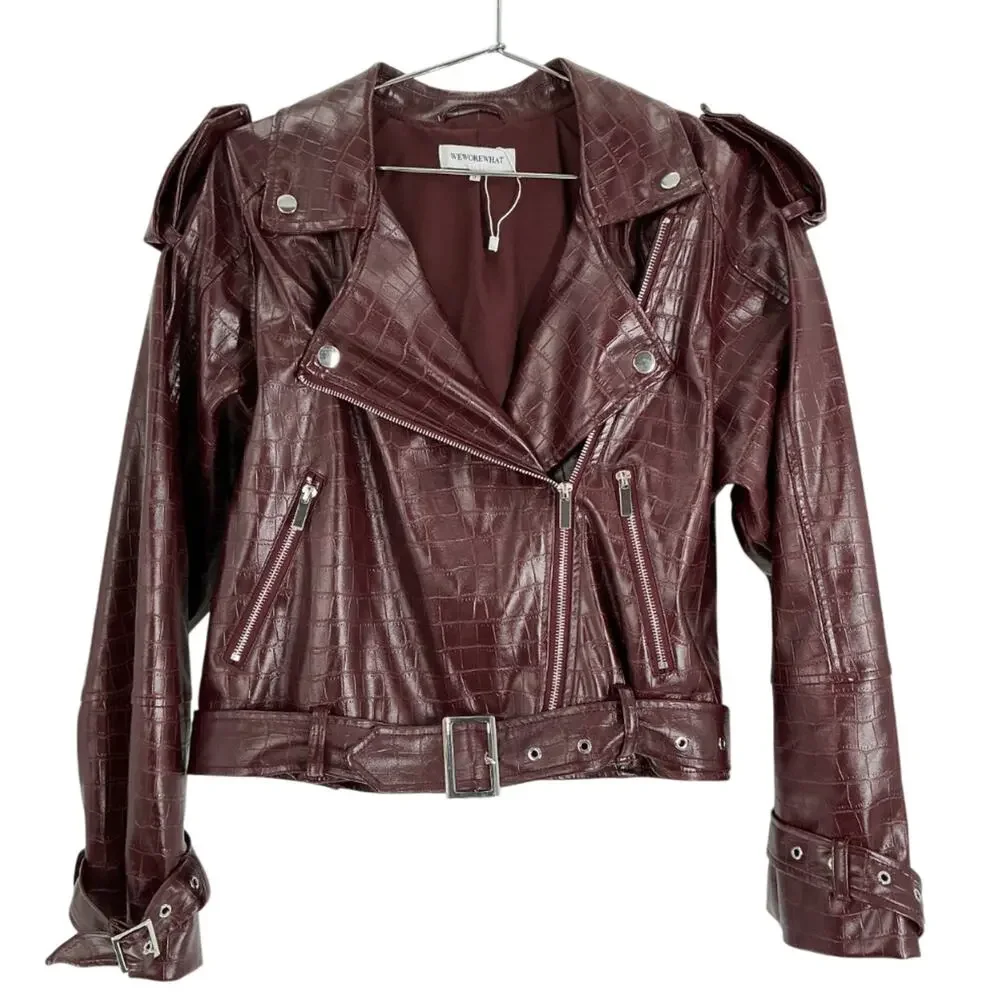 WeWoreWhat Croc Embossed Burgundy Moto Jacket Size XS - Picture 2 of 4